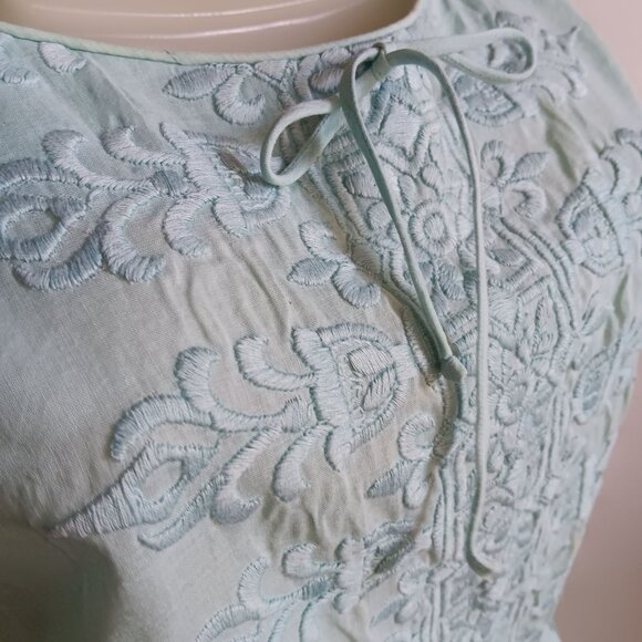 sz 8 Vintage 1950's Dress Mint Green Embroidered Nelly Don Belt Linen Distress - Picture 9 of 14
